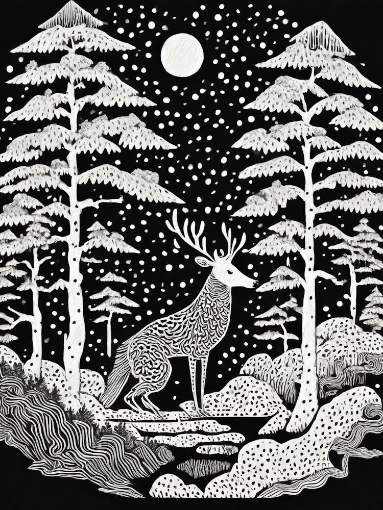 Deer In The Forest Linocut