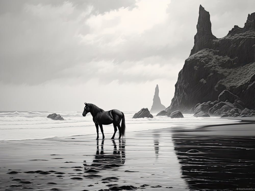A Horse Oil Painting In Reynisfjara Beach, Iceland, Landscape 1
