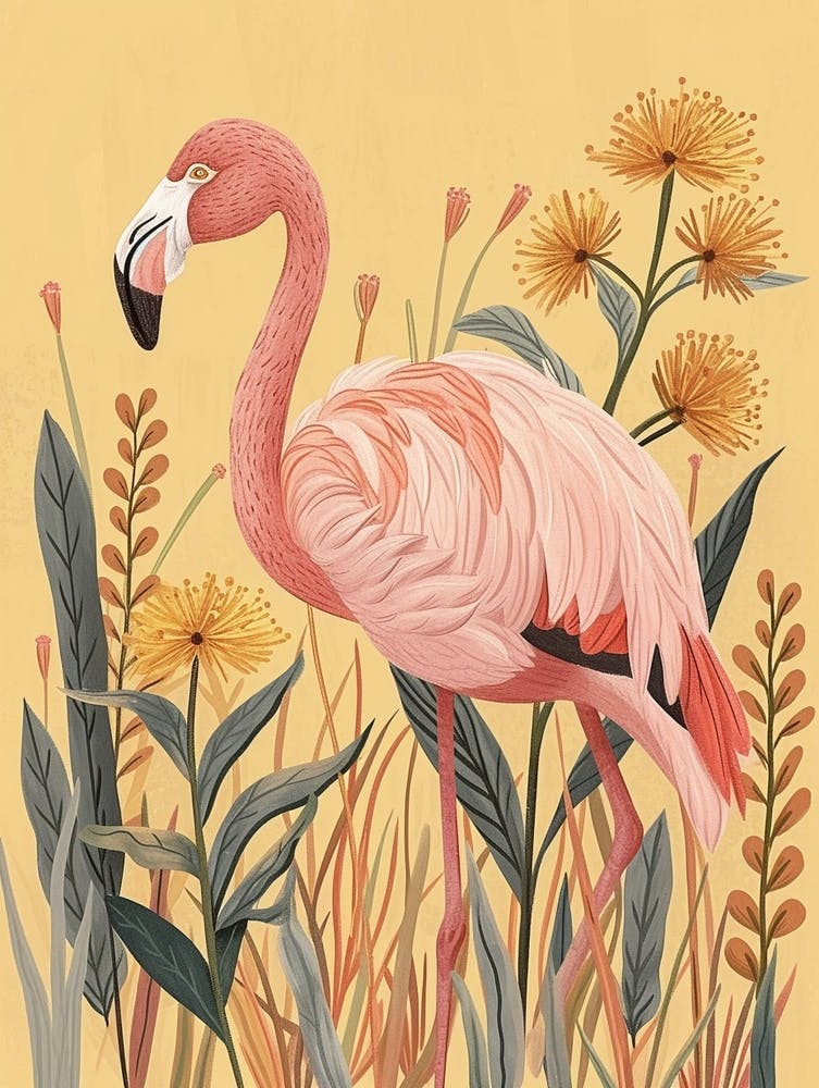 Andean Flamingo And Croton Plants Minimalist Illustration 4
