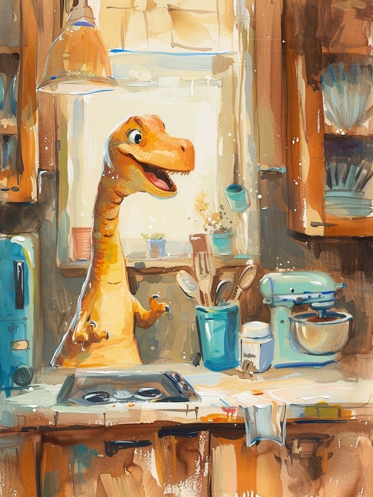 Dinosaur Cooking In The Kitchen Painting 2