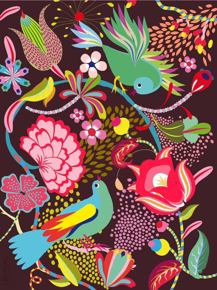 Tropenwald, Blumen und Vögel