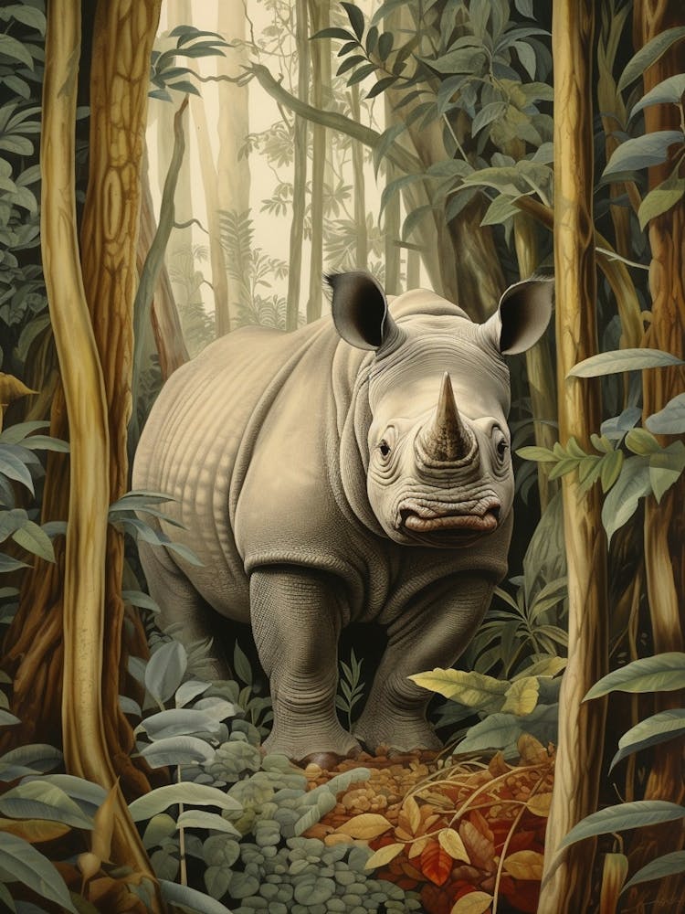Rhino Deep In The Forest Realistic Illustration