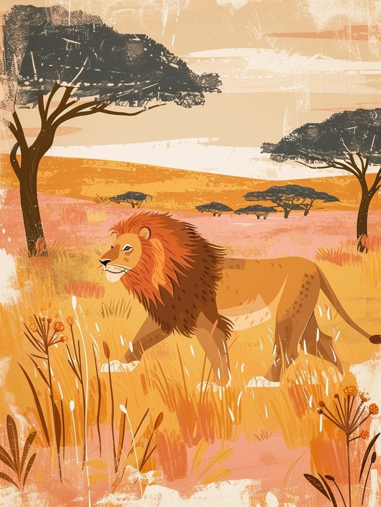 African Lion Hunting In The Savannah Illustration 2