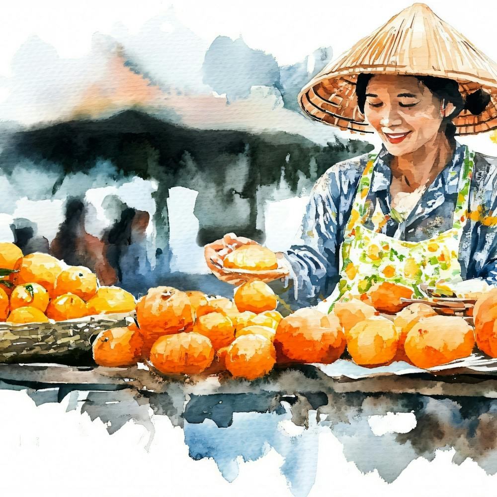 Watercolor Of A Woman Selling Oranges