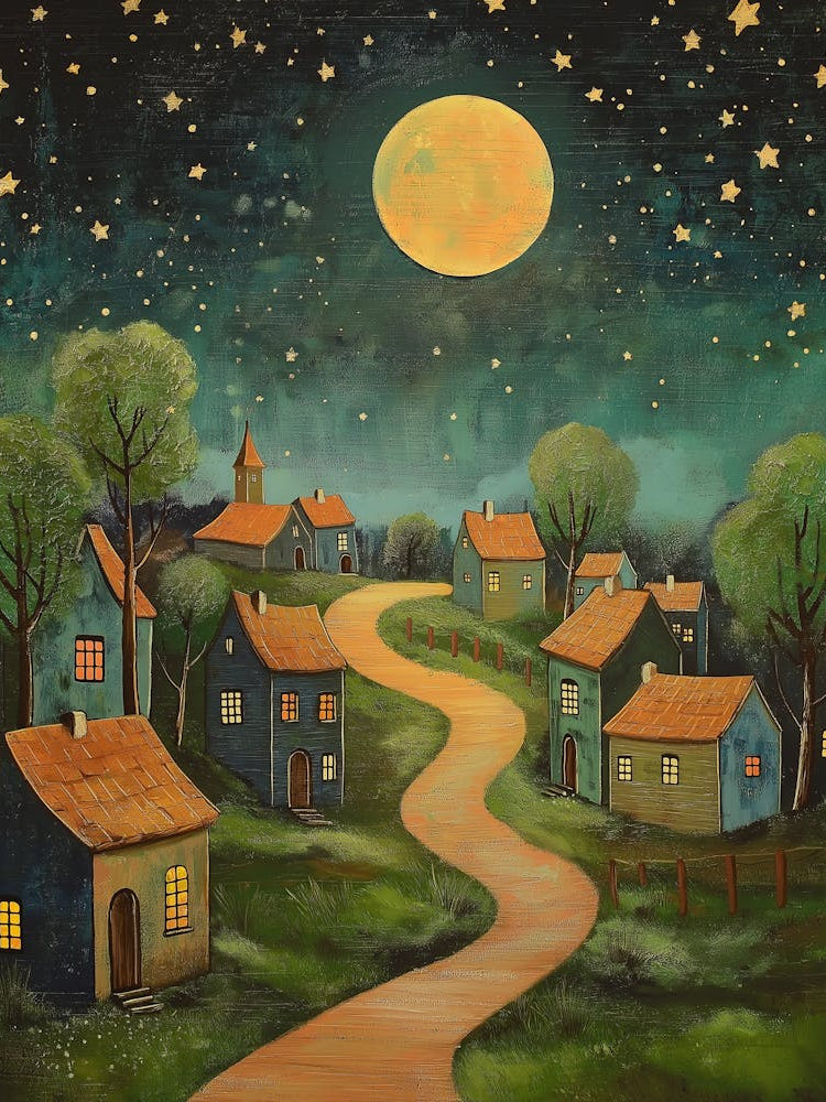 Painting Of A Night Sky With Stars, A Full Moon, And Cozy Village Houses