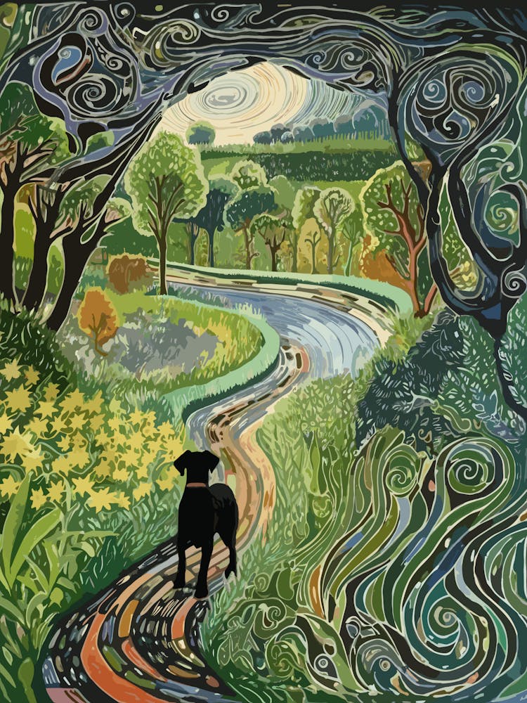Painting Of A Dog In Garden Of Cosmic Speculation, United Kingdom In The Style Of Watercolour 03
