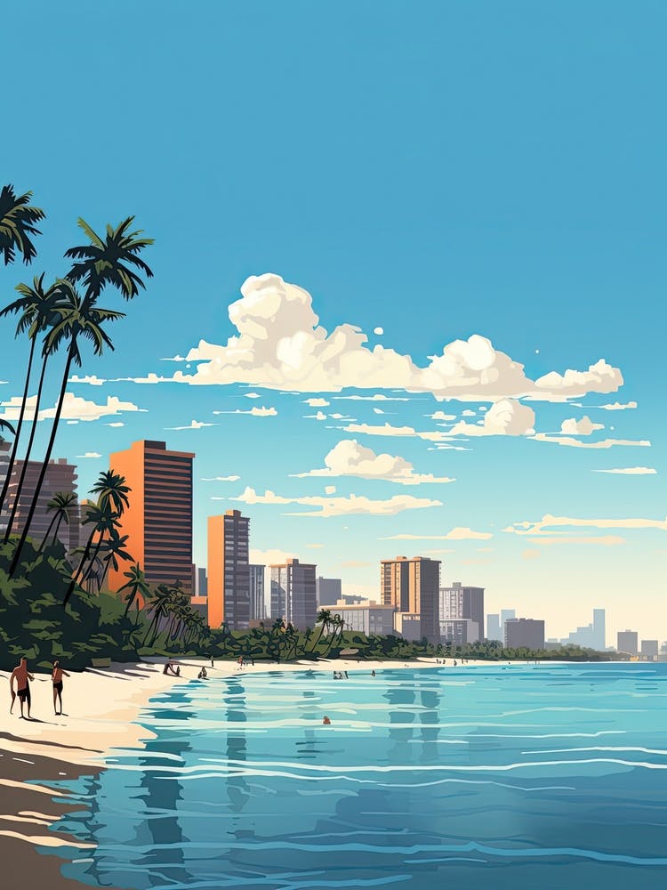 Waikiki Beach Hawaii, Usa, Flat Illustration 2