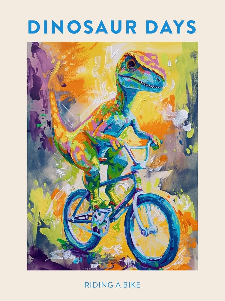 Dinosaur Riding A Bike Blue Orange Brushstroke Poster 2