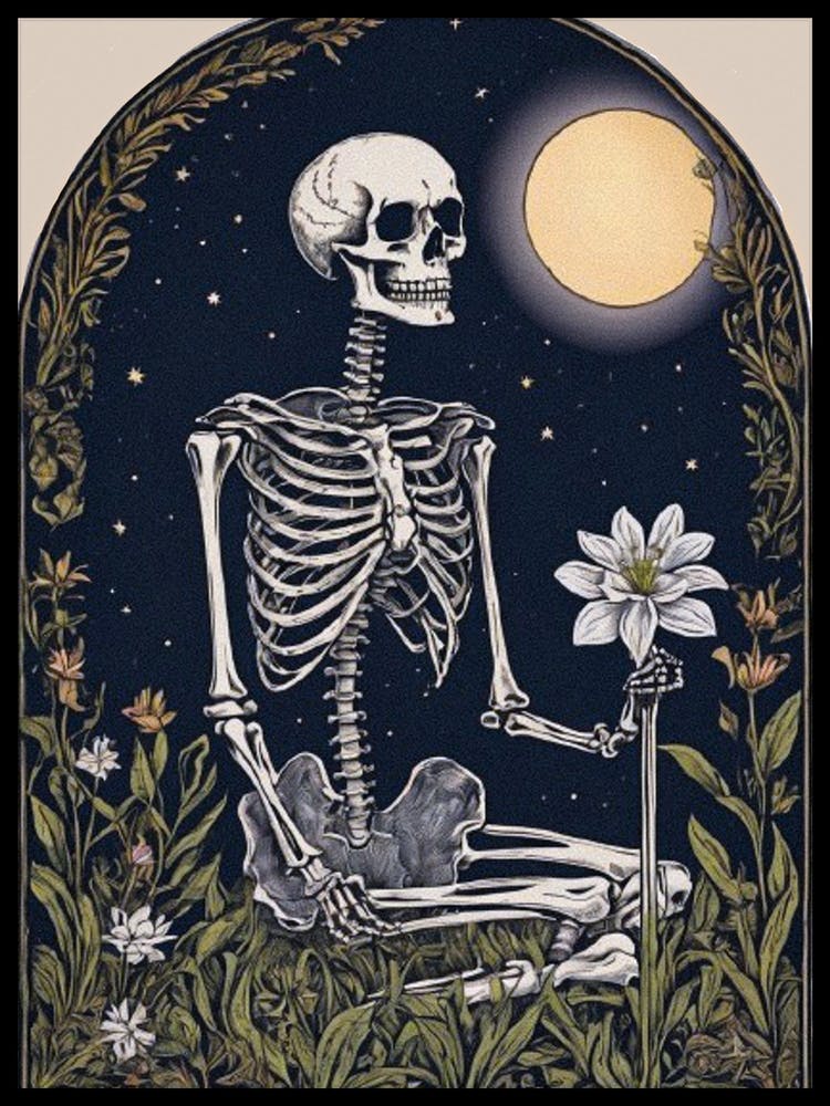 Where Art Thou Beautiful? Romantic Skeleton Gentleman Waiting For His Lover Under The Pale Moonlight - Vintage Folk Line Art Botanical Gothic Full Moon Pagan Witchy Midnight Celestial Stars Artwork For Gothic Witch Macabre Feature Gallery Wall - The Lover
