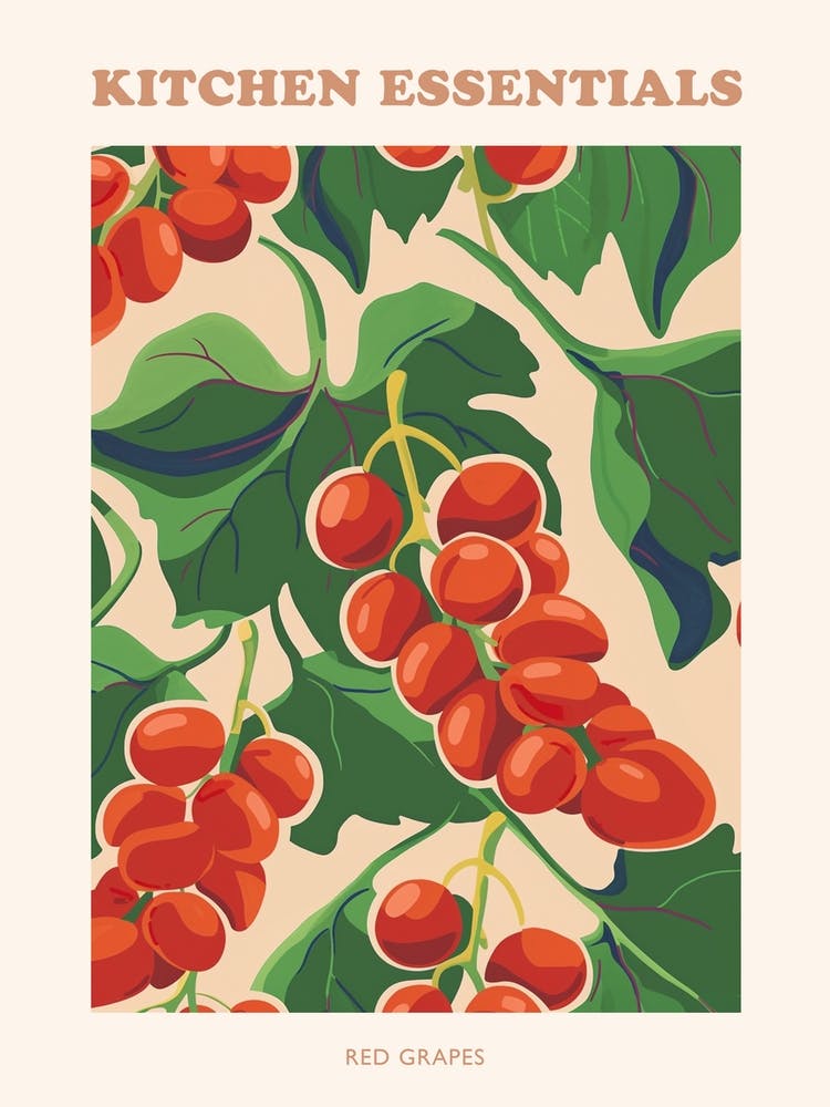 Red Grapes & Leaves Pattern Illustration Poster