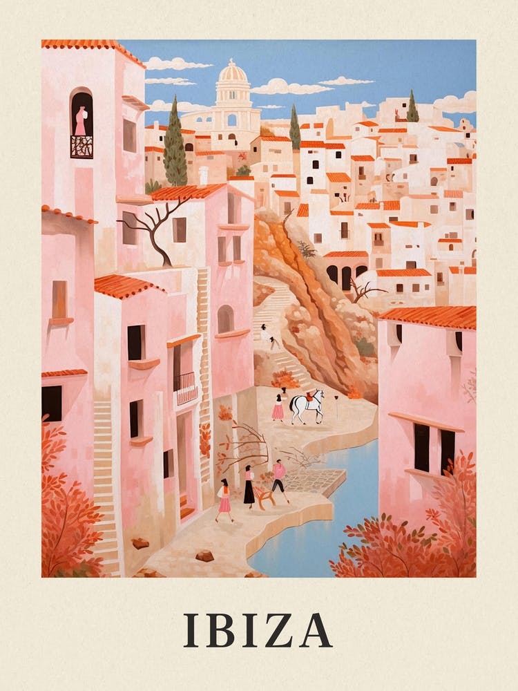 Ibiza Spain 3 Vintage Pink Travel Illustration Poster