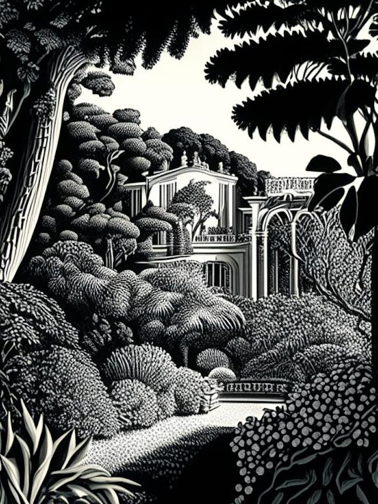 Villa Cimbrone Gardens, Italy Linocut Black And White Vintage
