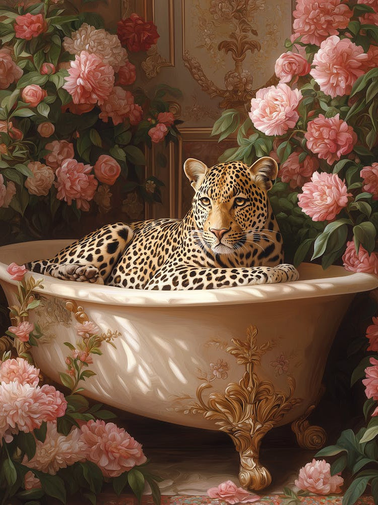 Leopard In A Bathtub Maximalist Oil Painting