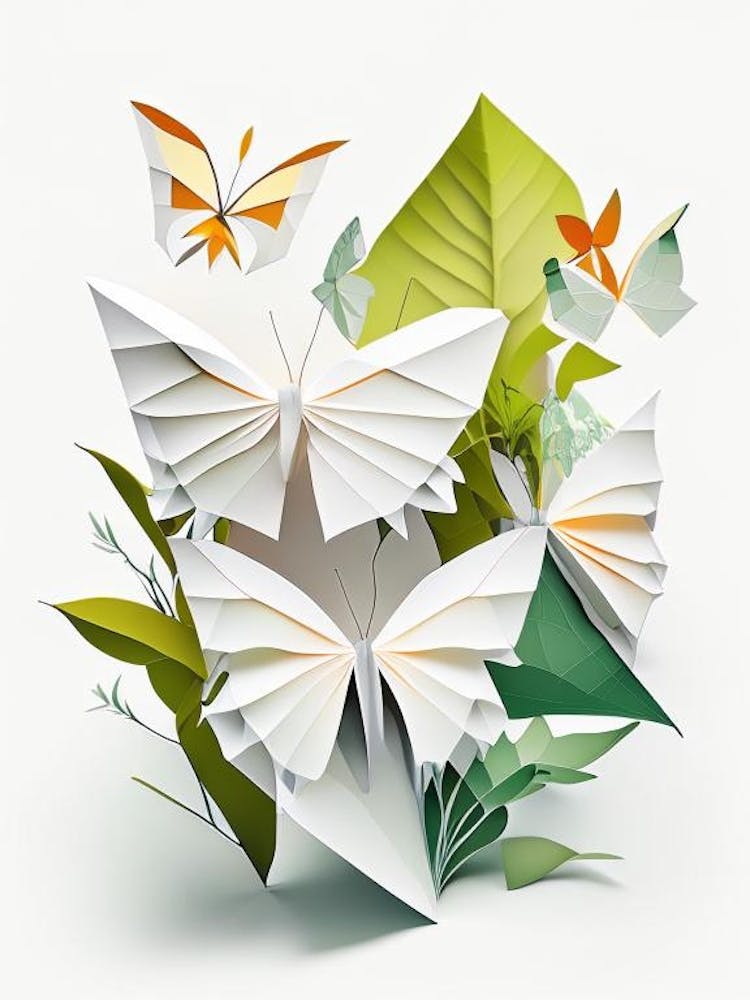 Papillons Sur Plantes Style Origami 1