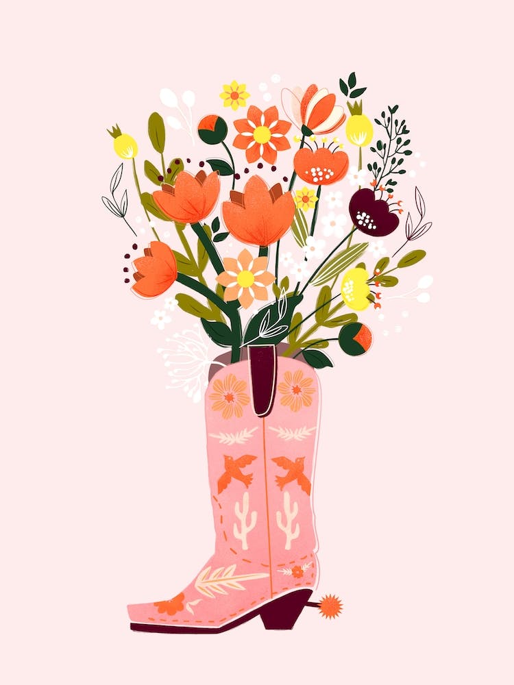 Pink Cowboy Boot And Flower Bouquet