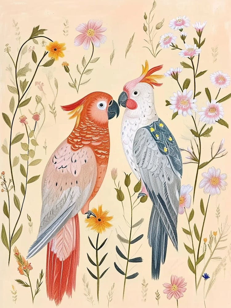 Folksy Floral Animal Drawing Cockatoo