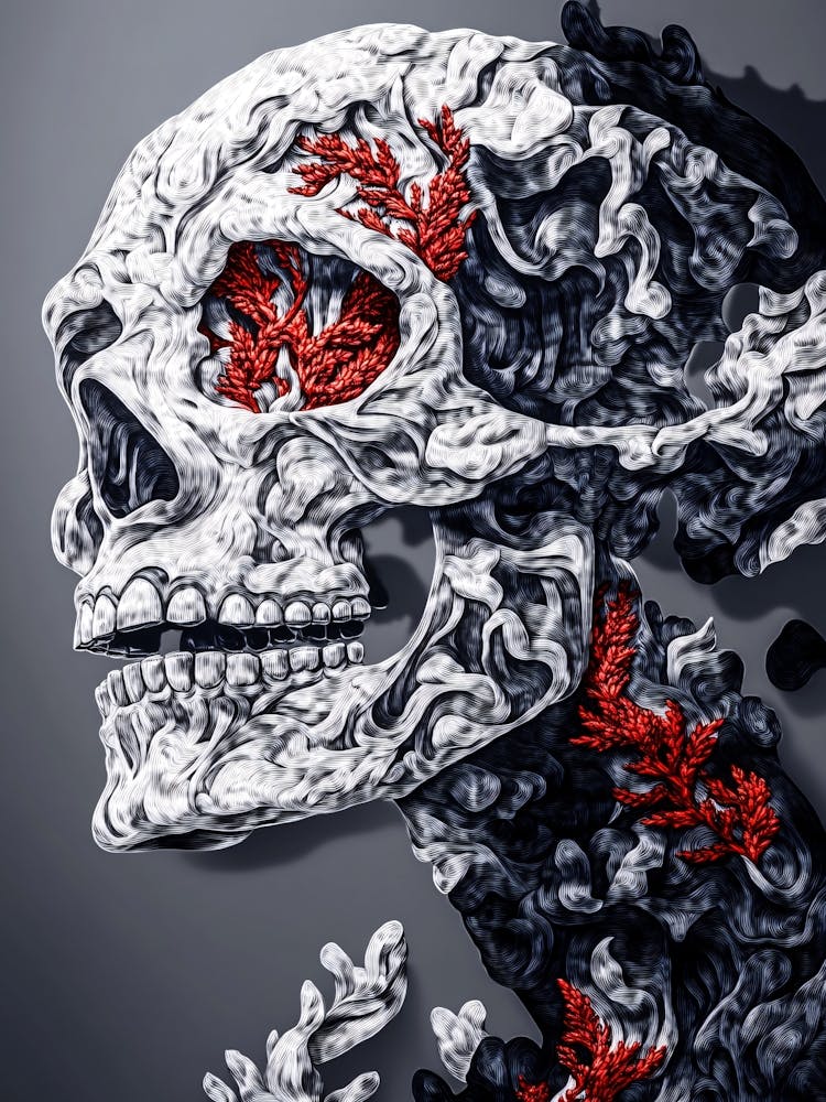 Skull With Red Flowers