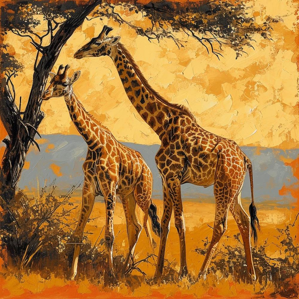 Giraffes Eating Tree Branches Brushstroke 3