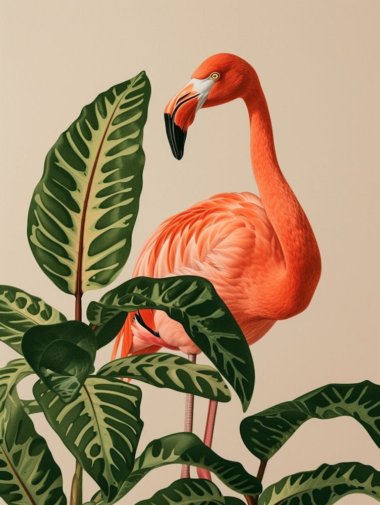American Flamingo And Croton Plants Minimalist Illustration 2