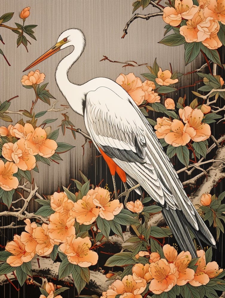 Orange Flowers And Crane Vintage Japanese Botanical
