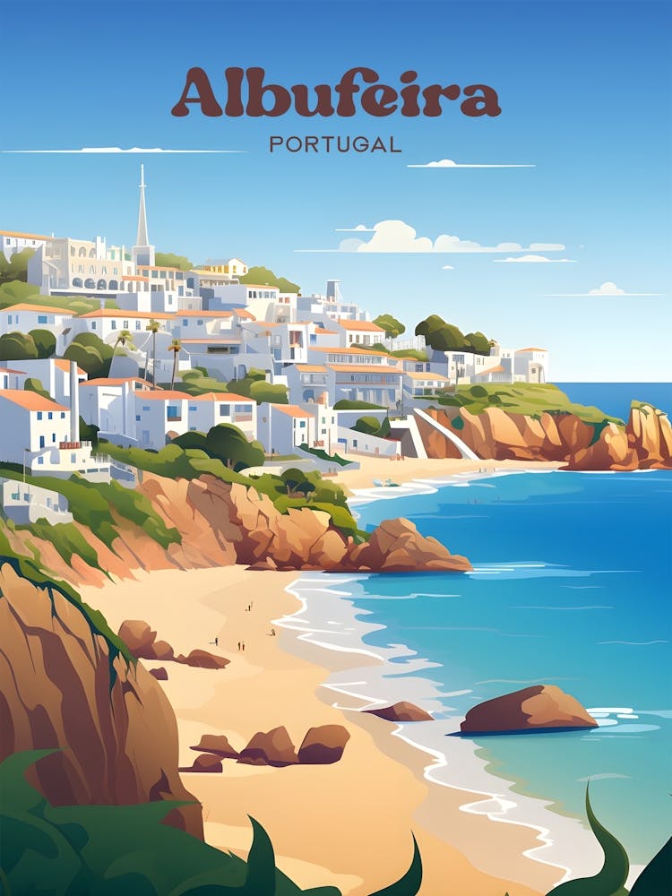 Albufeira Portugal Ocean View Travel Illustration Art