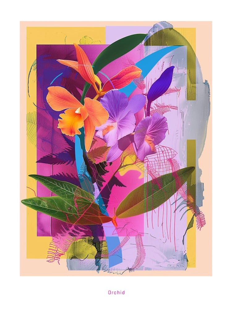 Orchid 2 Neon Flower Collage Poster