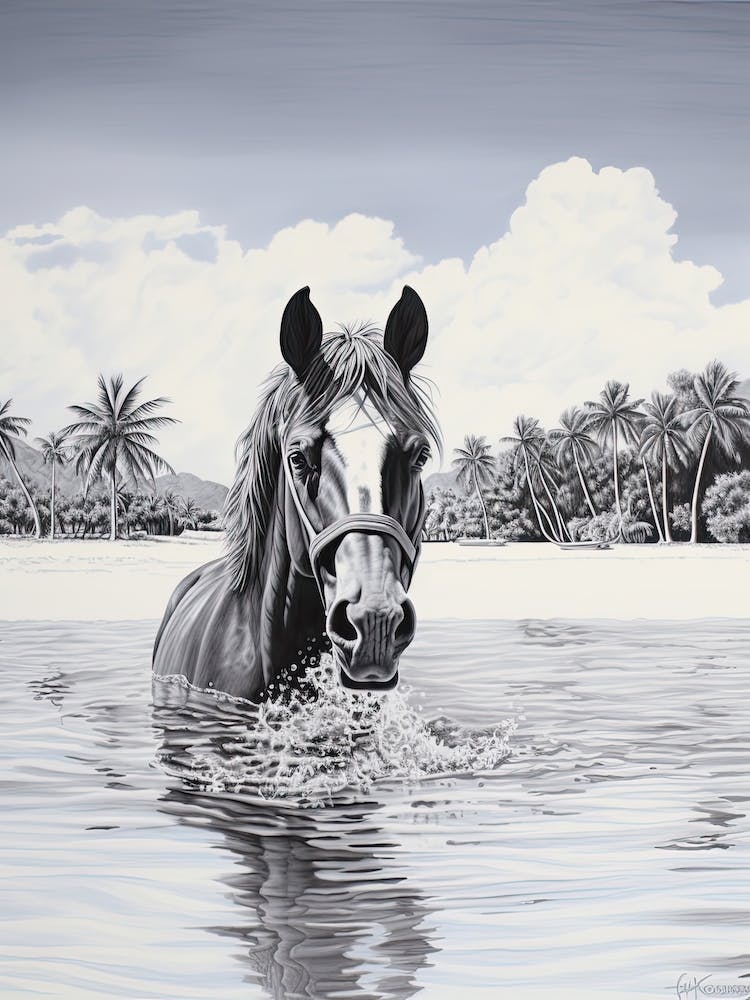 A Horse Oil Painting In Matira Beach, Bora Bora, Portrait 1