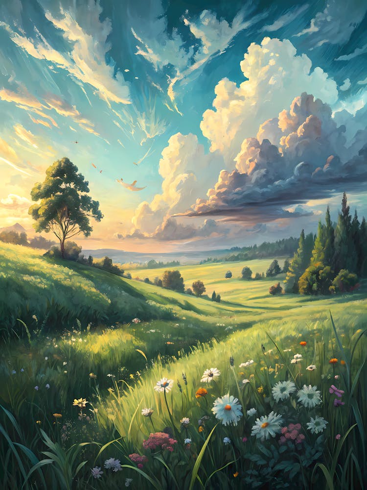 A Calm Meadow Under a Vibrant Sky Oil Painting Style
