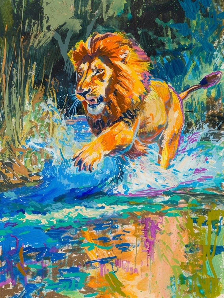 Masai Lion Crossing A River Fauvist Painting 3