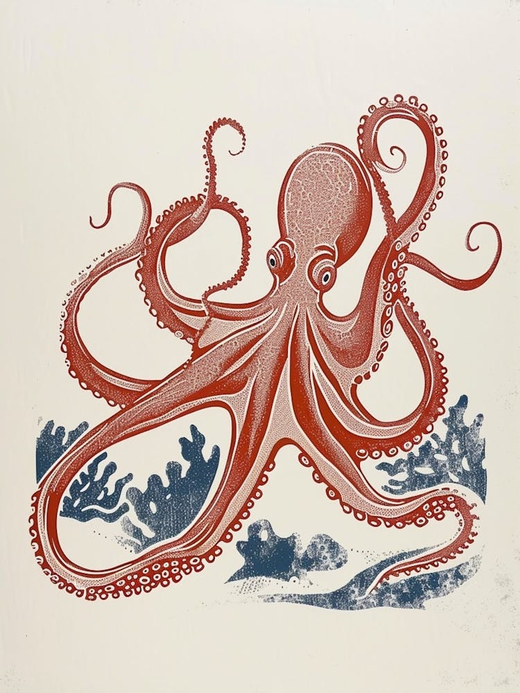 Linocut Red Navy Octopus 3