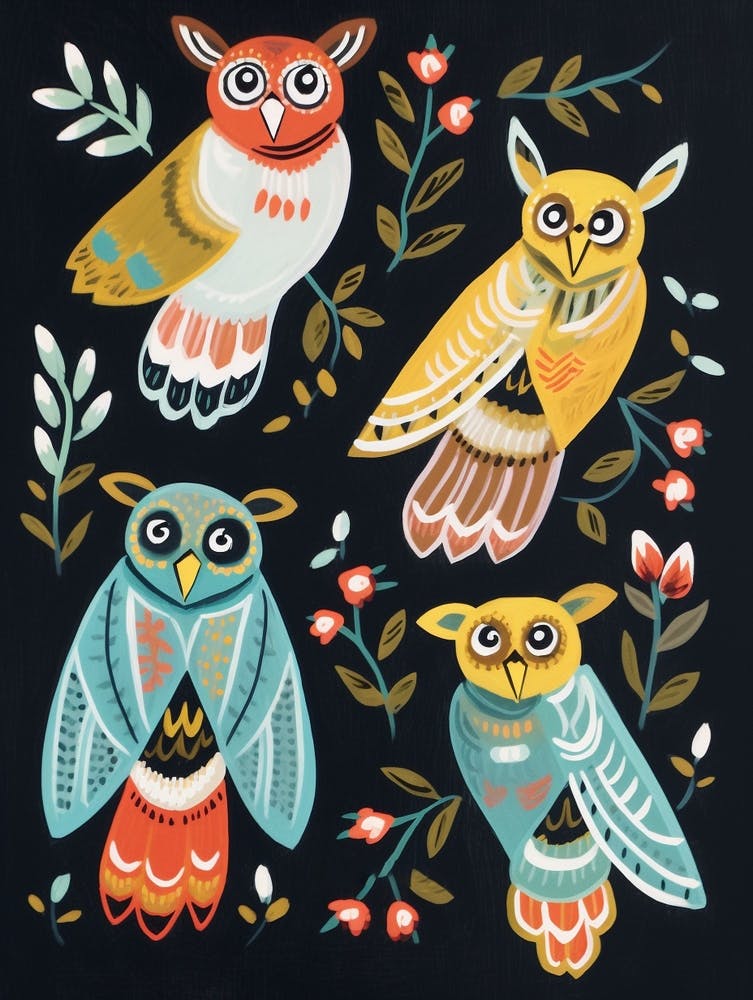 Folk Style Bird Painting Great Horned Owl 1