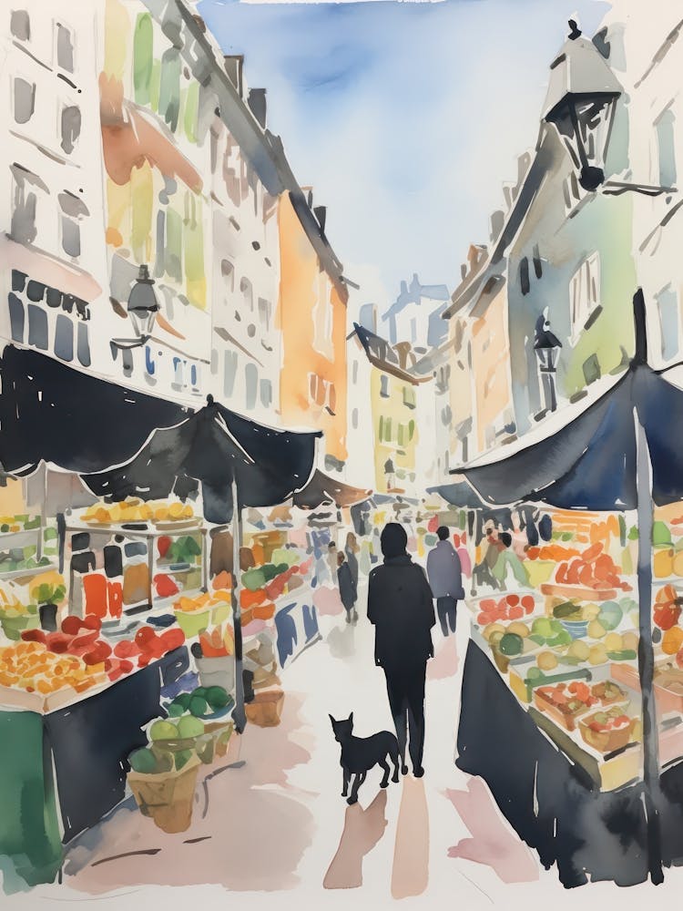 Food Market With Cats In Lyon 3 Watercolour
