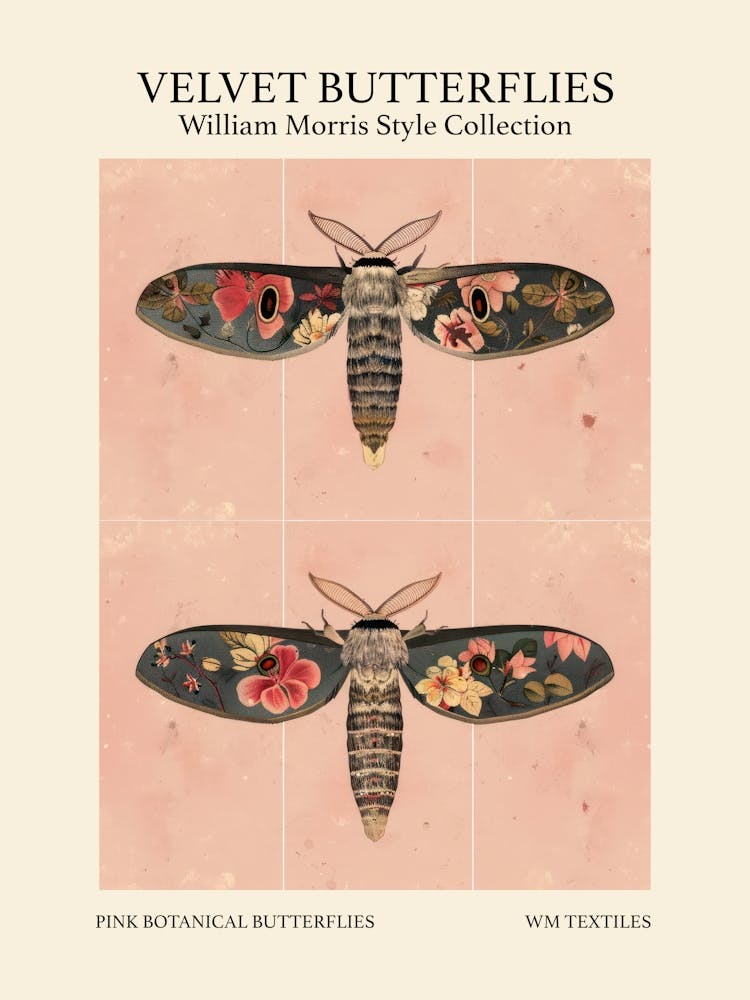 Velvet Butterflies Collection Pink Botanical Butterflies William Morris Style 5
