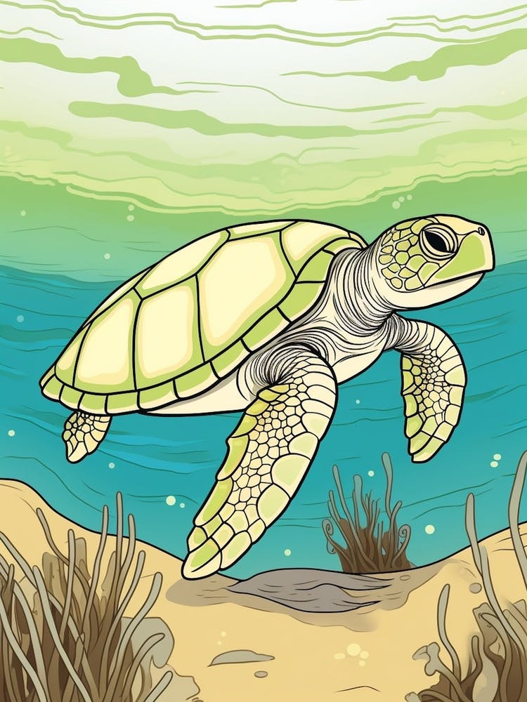 Simple Green And Aqua Linework Turtle Illustration