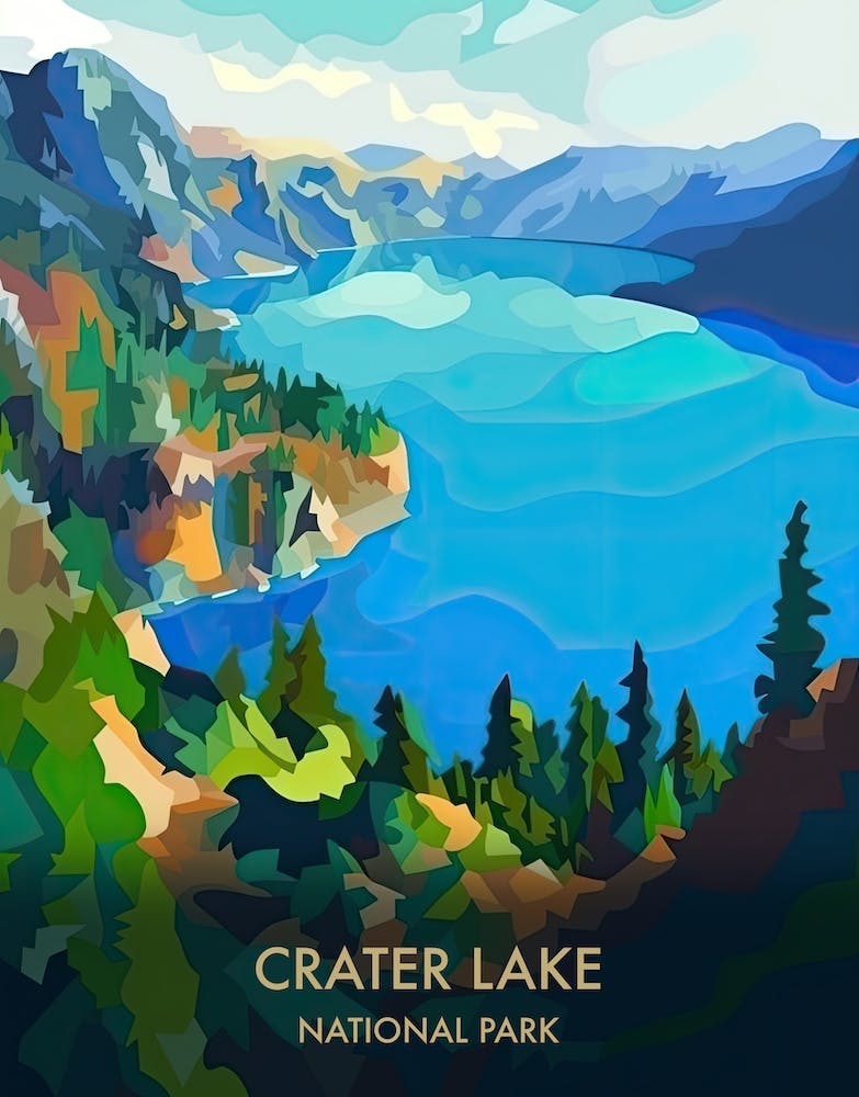 Crater Lake National Park Travel Poster Illustration Style 3