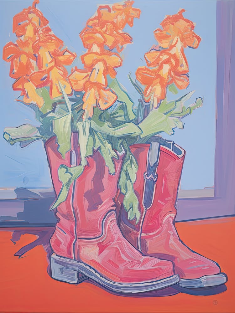 A Painting Of Cowboy Boots With Snapdragon Flowers, Fauvist Style, Still Life 8