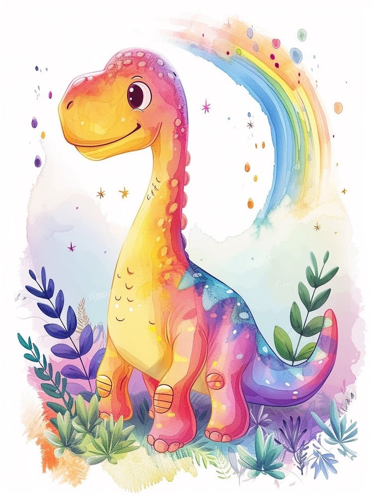 Dinosaure Brontosaure Aquarelle Arc-en-ciel 3
