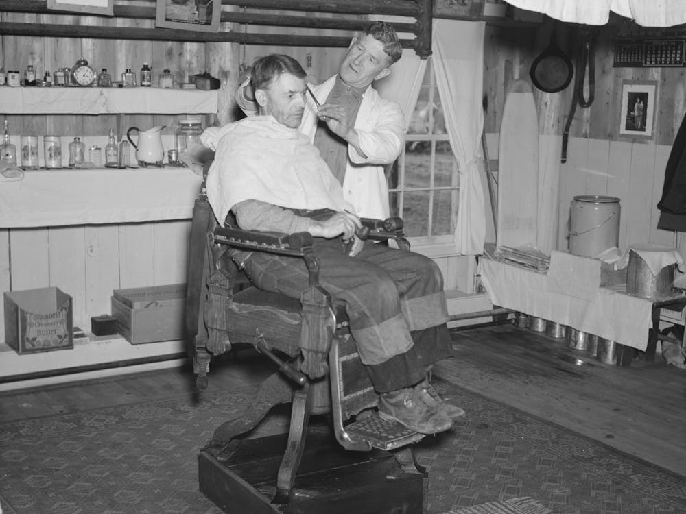 Barber Shop In The Lumber Camp At Hagerman Lake, Michigan By Russell Lee