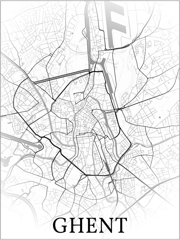 Ghent, East Flanders, Belgium, City Map, Black And White Fade Design
