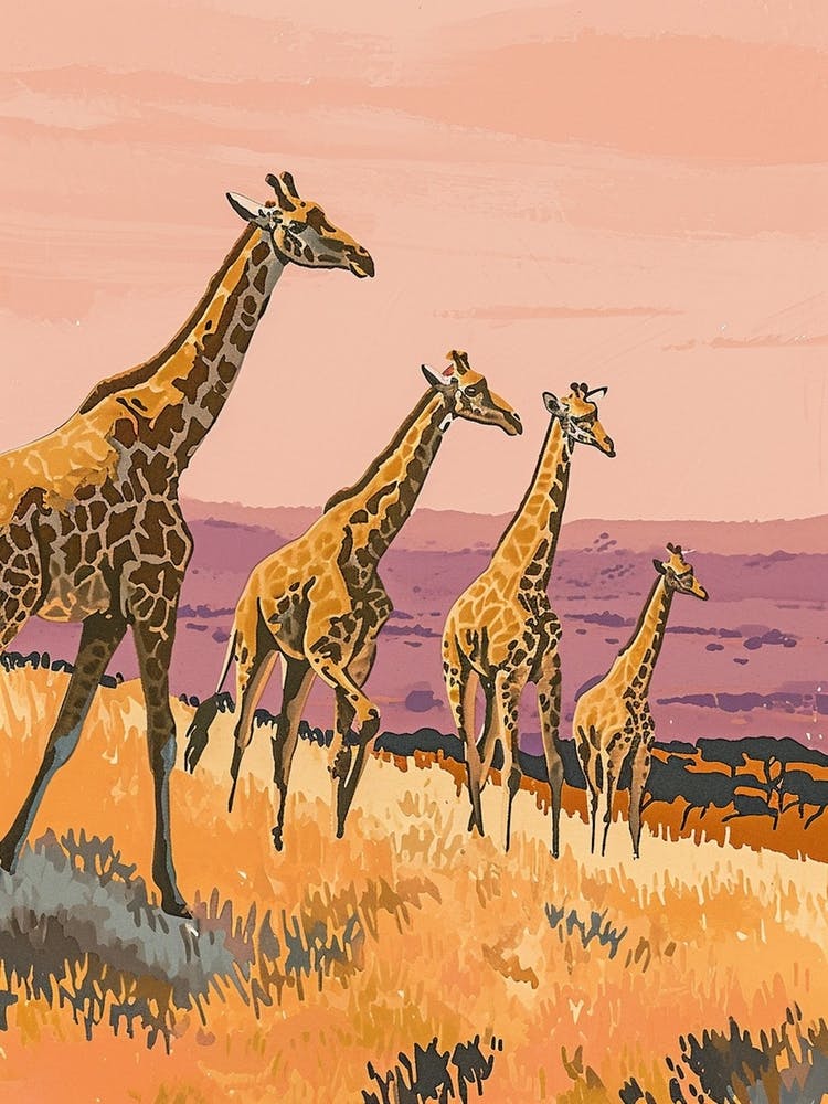 Giraffes In A Line At Sunset 1