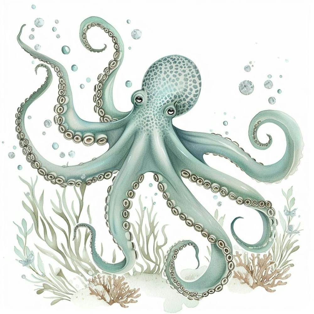 Watercolour Storybook Style Octopus With Bubbles 1