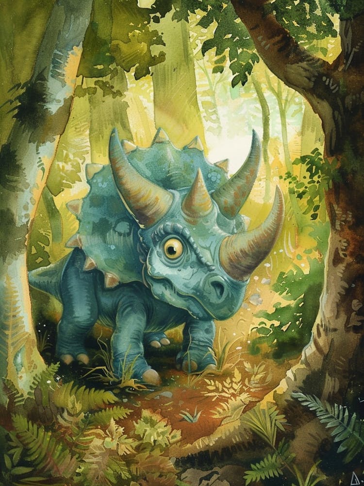 Cute Triceratops In The Woodlands Vintage Storybook Painting 1