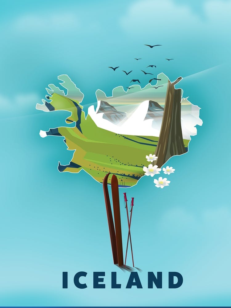 Iceland Ski travel poster map