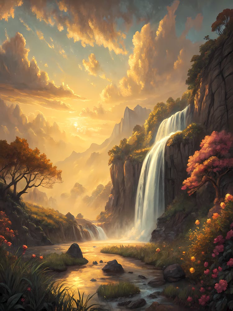 Oil Painting Style Golden Sunset Waterfall Mystical Mountain Landscape with Flowers