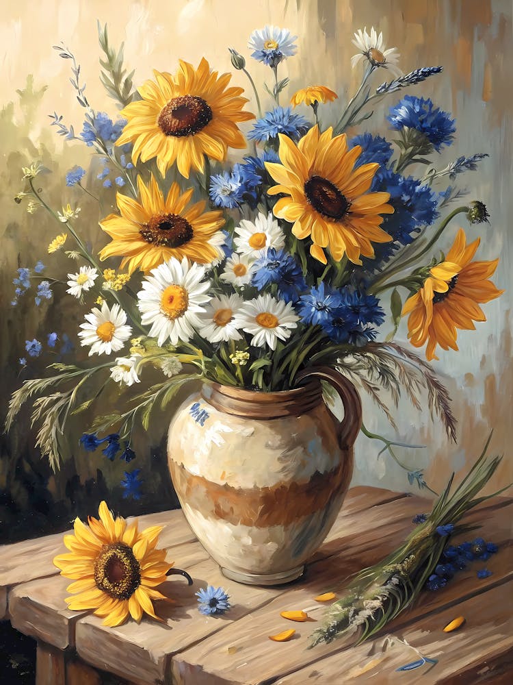 Rustic Mixed Flower Vase Still Life Oil Painting