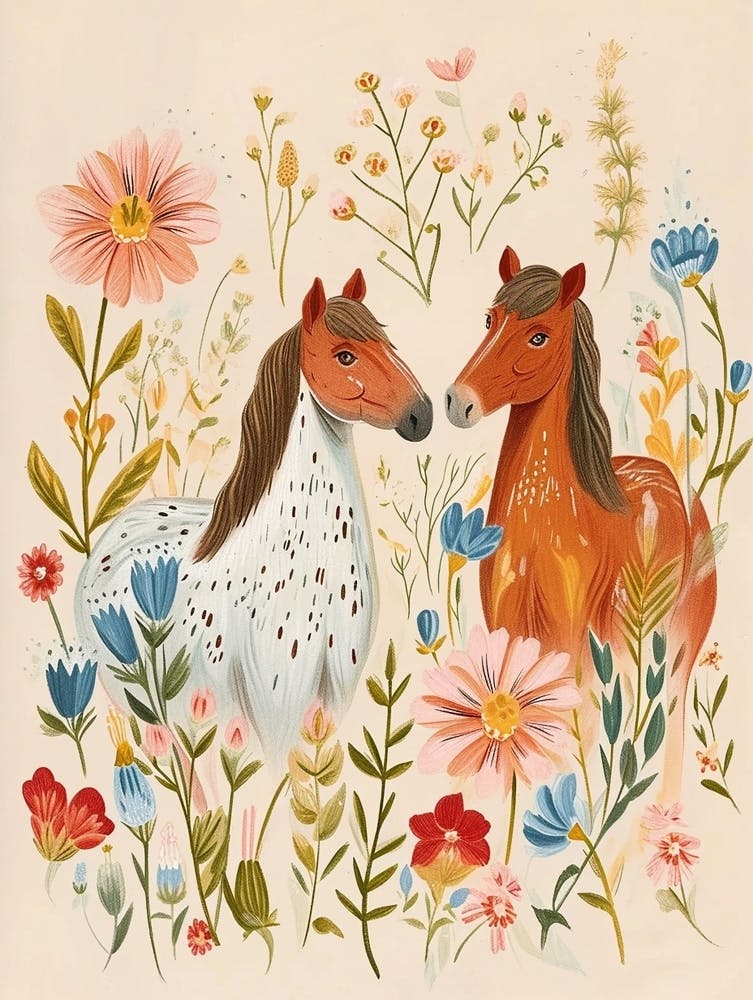 Folksy Floral Animal Drawing Horse 2