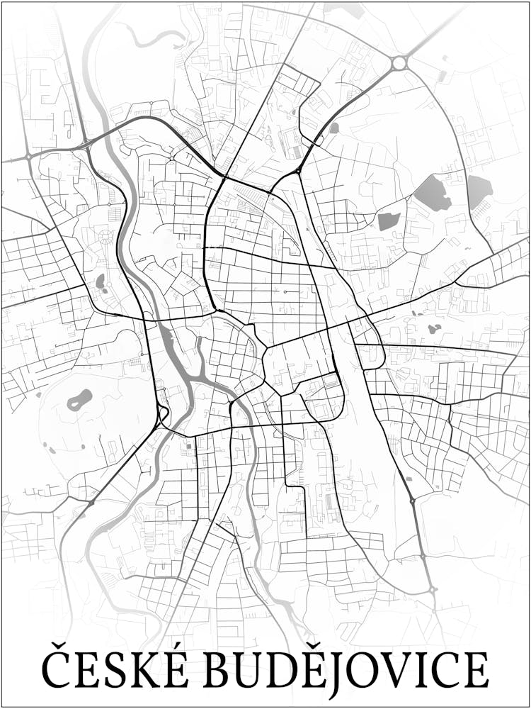 České Budějovice, South Bohemia, Czech Republic, City Map, Black And White Fade Design