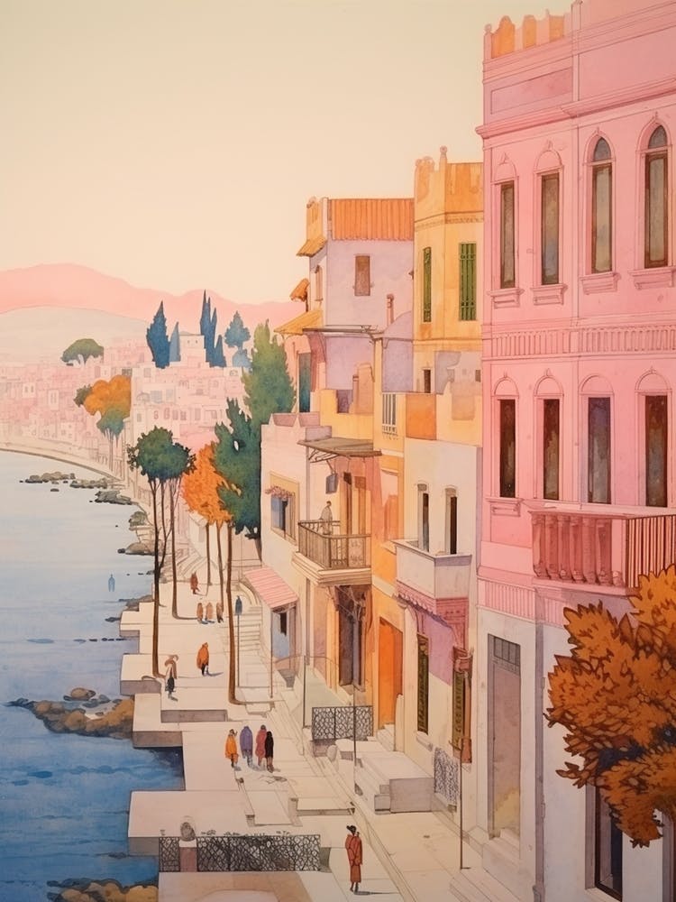 Izmir Turkey 4 Vintage Pink Travel Illustration