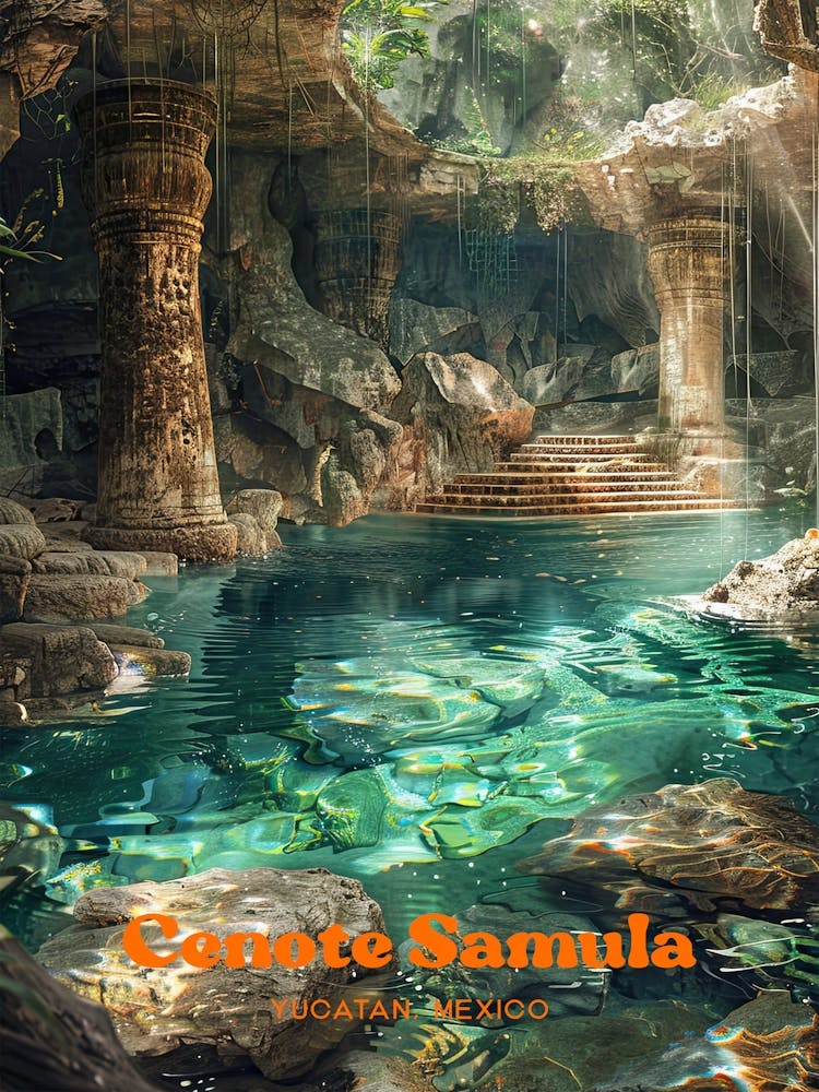 Cenote Samula Tourist Destination Travel Art Illustration
