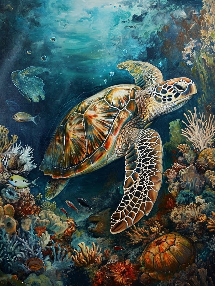 Turtle Underwater With Fish Painting 1